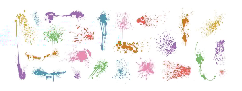 Spray paint color drips, ink blots or splatters set. Dirty splashes, graffiti speckles and inkblot spots with dust effect. Paintbrush splotch, inky drops or liquid blobs. Abstract grunge splash stains vector