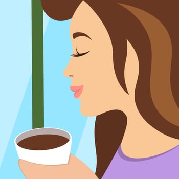 Close up of smiling woman enjoying warm cup of coffee or tea in cozy cafe. Dreamy peaceful atmosphere filled with elegance, relaxation and morning serenity. Square drawing banner vector