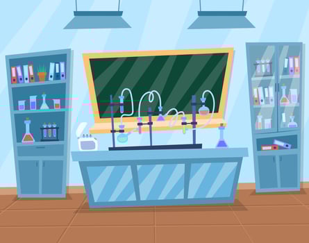 Cartoon Color Chemical Lab Interior Inside Concept. vector