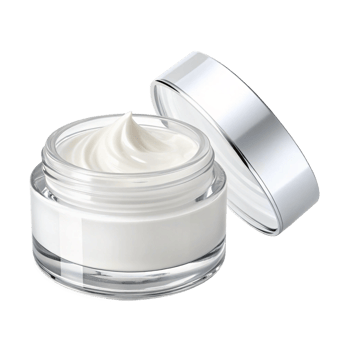 studio shot of a clear glass jar of white cream. png
