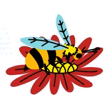 cute Bee with a red flower. An illustration in the flat style of large bee. funny bee collects pollen from a flower. Insect. For posters, greeting cards and children's design. isolated colored animal vector