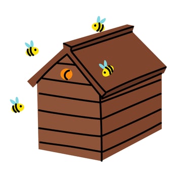 Wooden beehive in an apiary box. house with roof, highlighted on white. Home-made honey production. One wooden house for bees. Insects fly near house. drawer with shelves and frames for storing honey vector