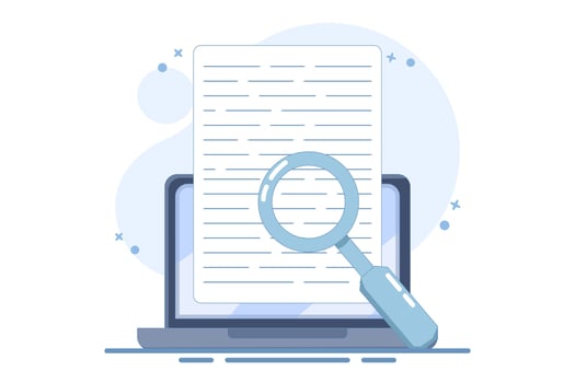 Concept of expertise review in online text research content on computer, analysis of digital document file examination on computer, search for legal evidence information. design illustration. vector