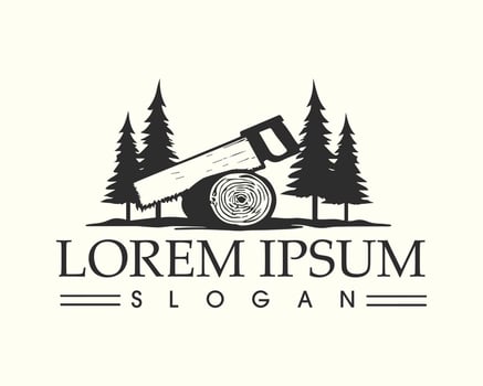 Lumberjack Logo with Saw and Log in a Forest vector