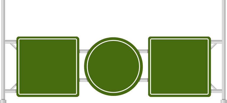 Green traffic signboard featuring two square panels and a central circular panel. Ideal for road signage design, directional guidance, and highway information displays vector
