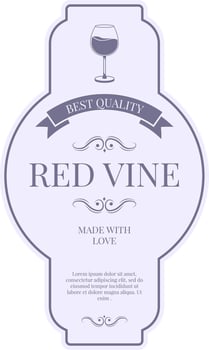 Vintage label for red wine bottle featuring elegant design with glass of wine, ribbon banner, decorative swirls, and placeholder text, conveying tradition, quality, and passion vector