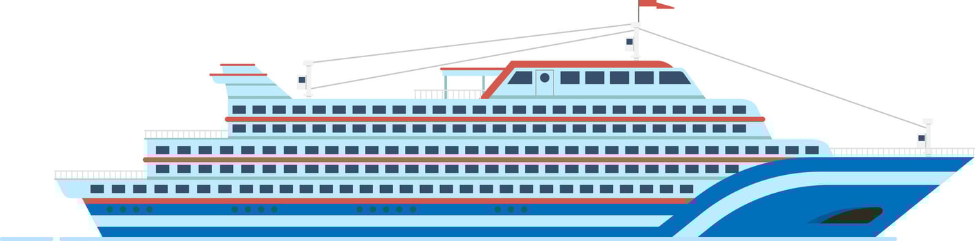 Cruise ship sailing on calm water, featuring numerous decks, windows, and a prominent red flag at the top, ideal for travel, tourism, and maritime industry projects vector