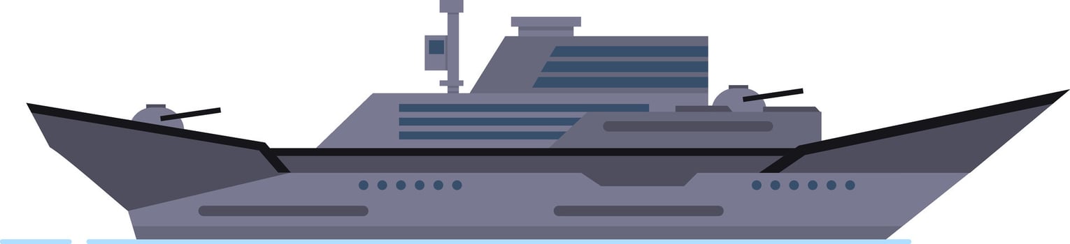 Modern warship sailing on calm sea, featuring cannons, radar antennas, and advanced technology, representing naval military power and maritime defense vector