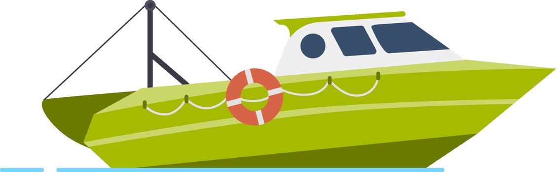 Green fishing boat sailing on the water with lowered fishing nets for commercial fishing, equipped with a lifebuoy, ready for fishing activities vector