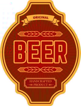 Vintage red and gold label showcasing handcrafted beer, featuring intricate ears of wheat and a striking sunburst design, perfect for enhancing branding and packaging vector