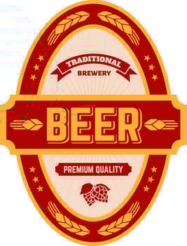 Oval shaped vintage beer label featuring decorative wheat, stars, and hop cones, emphasizing traditional brewing methods and premium quality vector
