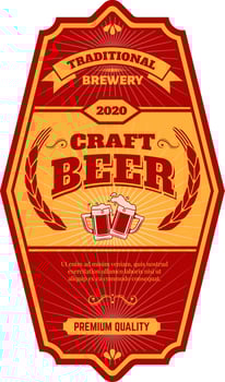 Red and gold vintage label celebrating craft beer from a traditional brewery, featuring two overflowing mugs, wheat, and a premium quality banner vector