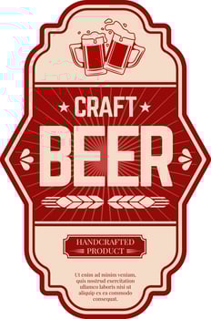 Two overflowing beer mugs toasting on a craft beer label, red and beige, with ears of wheat, stars and the words craft beer and handcrafted product vector