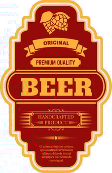 Red and gold vintage label for premium quality beer featuring hop cones, ribbon banner, and handcrafted product declaration, perfect for brewery or alcohol branding vector