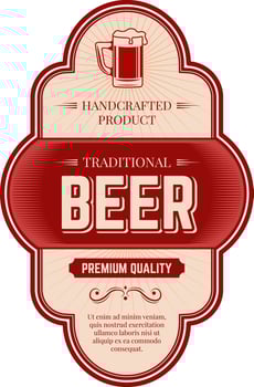 Red and beige vintage label showcasing handcrafted, traditional premium quality beer, featuring an overflowing mug filled with frothy foam, perfect for any celebration vector