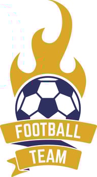 Football team logo featuring a burning soccer ball with flames and two ribbons with the words football and team written on them, creating a dynamic and passionate emblem vector