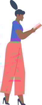 Young black woman with high heels and elegant clothes holding an open book in her hands, enjoying reading while walking, literature and education concept vector