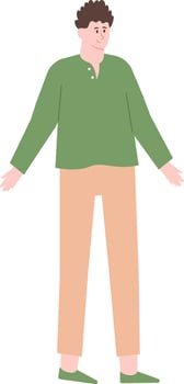 Full length illustration of a friendly young man standing with open arms, wearing a green long sleeved shirt and beige pants, conveying a welcoming and approachable attitude vector