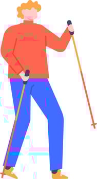 Young man with trekking poles practicing nordic walking enjoying healthy lifestyle and exercising outdoor, promoting physical activity and wellness through outdoor sports vector