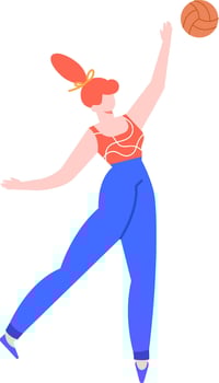 Young woman serving the volleyball in a dynamic pose, wearing blue pants and an orange top during an intense match, showcasing athleticism and passion for the sport vector