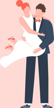 Happy newlyweds celebrating their marriage, groom holding his wife in arms, wedding ceremony and married couple, romantic relationship illustration vector