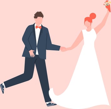 Groom and bride running hand in hand, she's holding a bouquet and wearing a white dress, he's wearing an elegant suit, they're celebrating their wedding vector