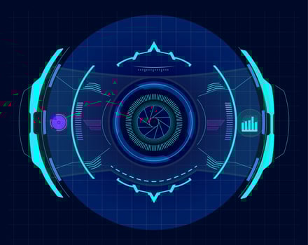 Futuristic virtual screen showing a camera diaphragm and various graphs, resembling a heads up display, with glowing neon lights and a dark, technological background vector