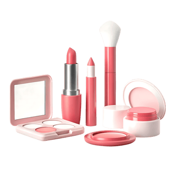 A Collection of Pink Makeup Products Including Lipstick, Blush, and a Makeup Brush png