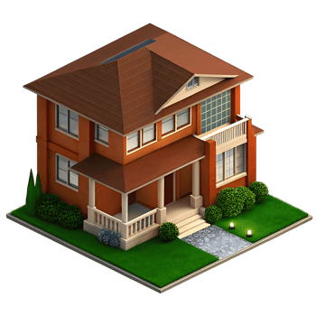 Stunning Isometric View of a Two Story Suburban Home with Brown Roof and Landscaping png