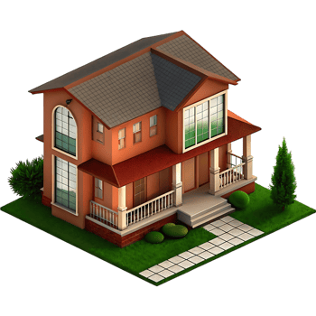 A charming two story red brick house with a large front porch and neatly landscaped yard png