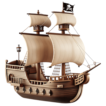 A Detailed Model of a Magnificent Wooden Pirate Galleon Ship with Beige Sails against a Black Background png