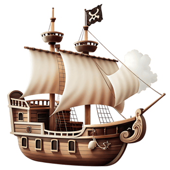 A Detailed Illustration of a Classic Wooden Pirate Galleon Ship with White Sails and a Jolly Roger Flag png