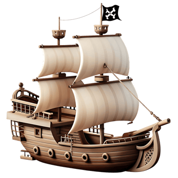 A Classic Wooden Pirate Galleon Ship Sailing on Calm Seas under a Dark Sky png