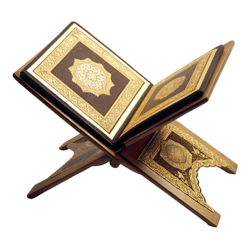 Ornate Wooden Quran Stand with Intricate Gold Leaf Designs and Dark Brown Leather Book Covers png