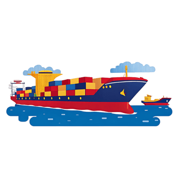 A large container ship sailing on blue water with a smaller tugboat nearby under a partly cloudy sky png