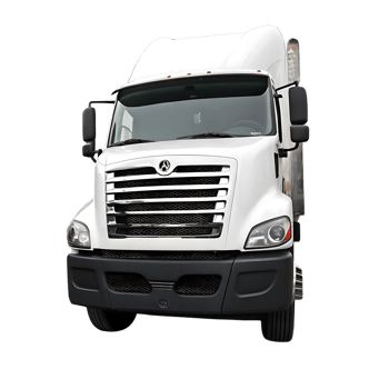 A pristine white modern semitruck with a chrome grill and sleek design is shown in this image png