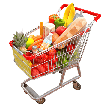 A full shopping cart with fresh produce, bakery items, and drinks png