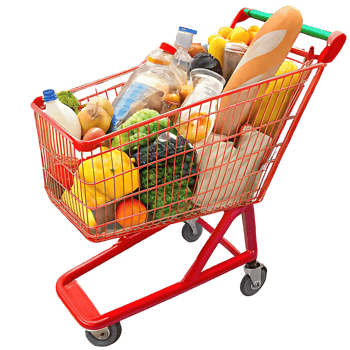 A Red Shopping Cart Filled with Groceries Including Fruits Vegetables Bread and Dairy Products png