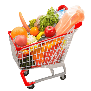 Full Shopping Cart of Fresh Produce and Meat at the Grocery Store png