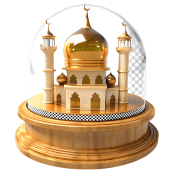 Magnificent Golden Mosque Miniature Under Glass Dome on Wooden Base png