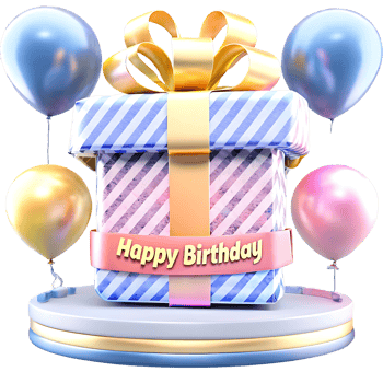 Happy Birthday Gift with Balloons on a Festive Pedestal png