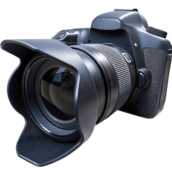 Professional DSLR Camera with Lens Hood and Black Background png