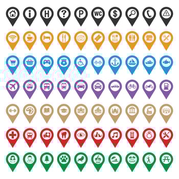 Map Pin Location Icons Set, Travel and Destination Markers, Colored Pointers Signs vector