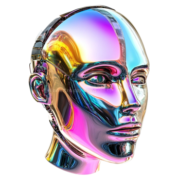 Metallic Robotic Human Head with Holographic Glow png