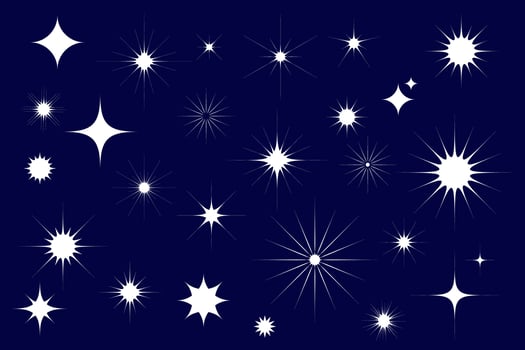 Star icons, twinkling stars. Sparkles, shining burst. Set collection, white symbols isolated on starry night blue background vector