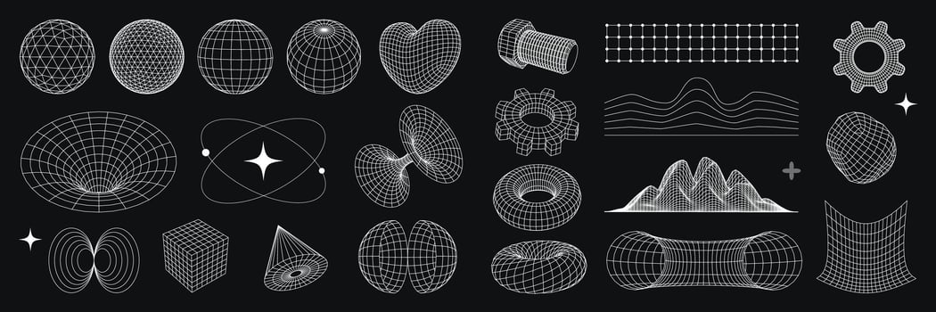 Futuristic 3D wireframe geometric shapes cyberpunk and psychedelic, sci-fi, Y2K icons set. design elements on dark background. vector