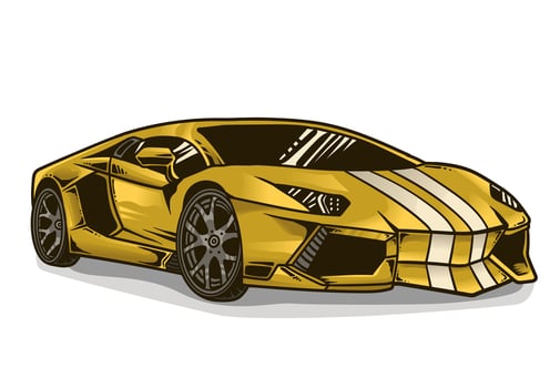 A yellow supercar with white stripes is shown in a cartoon style vector