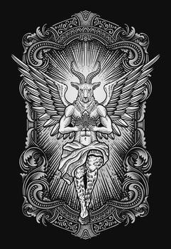 The baphomet holding crown on engraving ornament frame vector