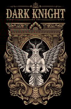 Celestial Goat Guardian with Sword and Wings with engraving ornament border - illustration. vector