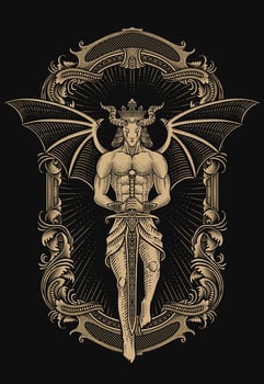 Illustration demon knight holding sword with engraving ornament border vector